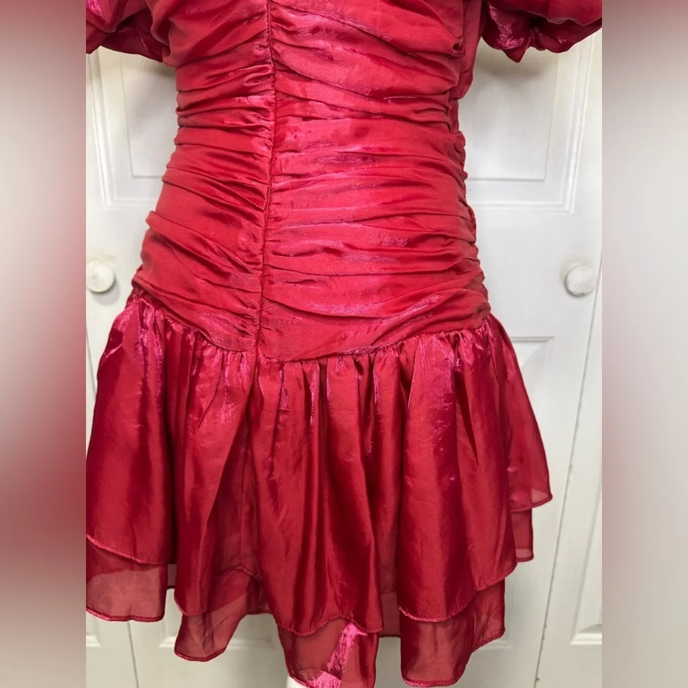 Storia Vibrant Red Mini Dress Ruched Ribbed M - Picture 7 of 9